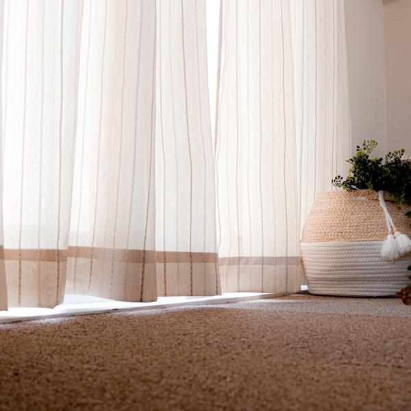 ドレープ 非遮光 カーテン 2枚セット ドット ストライプ 柄 幅100cm×丈90cm 2枚組 ベージュ カーテンフック取り付け済み