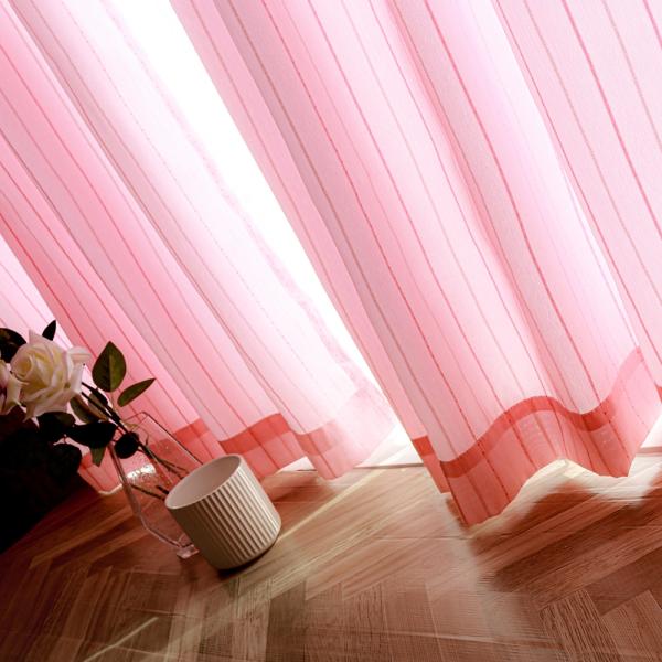 ドレープ 非遮光 カーテン 2枚セット ドット ストライプ 柄 幅100cm×丈90cm 2枚組 ピンク カーテンフック取り付け済み