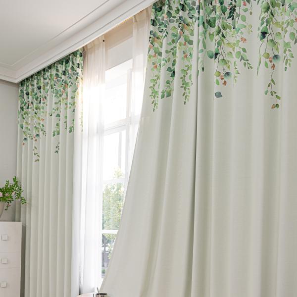 植物柄 カーテン 2枚セット おしゃれ 幅100cm×丈135/178/200cm 3級遮光 形状記憶加工 同色カーテンタッセル付 上部 エバ リーフ柄 ドレープカーテン2枚組