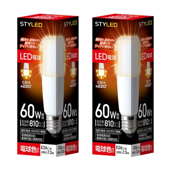 スタイルド LED電球 T形タイプ 2個セット 口金直径26mm 60W形相当 電球色 広配光タイプ 密閉器具・断熱材施工器具対応 HDT6