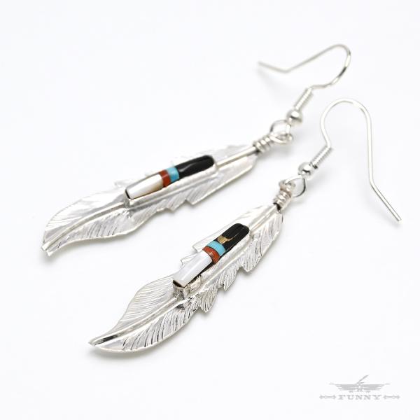 【美品】ナバホ族 インディアンジュエリー　両耳ピアス　Wフェザー&ターコイズ Indian Jewelry FUNNY公式ストア ナバホ族 Fred Barney フェザー