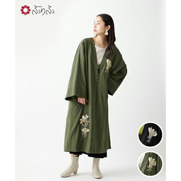 籠木蓮刺繍ガウン 公式 ふりふ 可愛い 大正ロマン レトロ モダン 着物 風 和 木蓮 モクレン ロング丈 膝下 丈 きれいめ レディース ガウン コスパ 着回し 0610 2 ふりふ 通販 Yahoo ショッピング