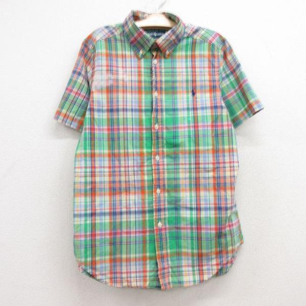 【商品番号】　lba24054013【商品名】　古着 ラルフローレン 半袖 ブランド シャツ キッズ ボーイズ 子供服 90年代 90s ワンポイントロゴ コットン ボタンダウン 緑他 チェック【表記サイズ】　L14-16【実寸サイズ】　着...