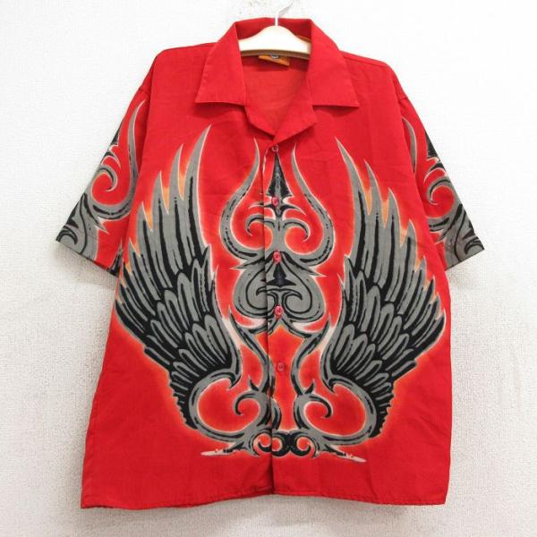 【商品番号】　lba24073738【商品名】　古着 半袖 シャツ キッズ ボーイズ 子供服 羽 開襟 オープンカラー 赤【表記サイズ】　M 10-12【実寸サイズ】　着丈（肩から裾）60cm　着幅（脇から脇）49cm　肩幅42cm　【素材...