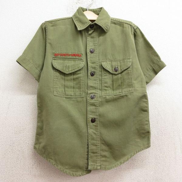【商品番号】　lba24073956【商品名】　古着 半袖 ビンテージ ボーイスカウト シャツ キッズ ボーイズ 子供服 70年代 70s 濃緑【表記サイズ】　なし【実寸サイズ】　着丈（肩から裾）50cm　着幅（脇から脇）41cm　肩幅34...
