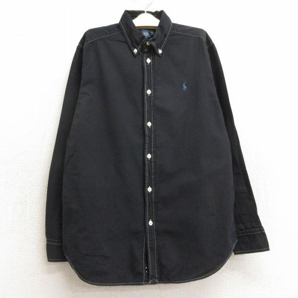【商品番号】　lba24074750【商品名】　古着 ラルフローレン 長袖 ブランド シャツ キッズ ボーイズ 子供服 ワンポイントロゴ コットン ボタンダウン 黒【表記サイズ】　L 14-16【実寸サイズ】　着丈（肩から裾）66cm　着幅...