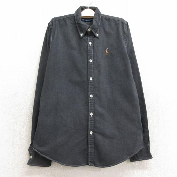 【商品番号】　lba24074751【商品名】　古着 ラルフローレン 長袖 ブランド シャツ キッズ ボーイズ 子供服 90年代 90s ワンポイントロゴ オックスフォード コットン ボタンダウン 濃グレー ストライプ【表記サイズ】　4【実...