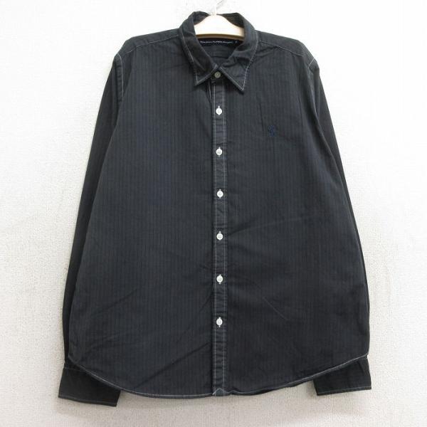 【商品番号】　lba24080238【商品名】　古着 ラルフローレン 長袖 ブランド シャツ キッズ ボーイズ 子供服 90年代 90s ワンポイントロゴ コットン 濃グレー ストライプ【表記サイズ】　14【実寸サイズ】　着丈（肩から裾）6...