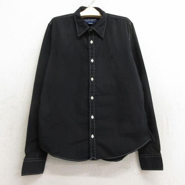 【商品番号】　lba24080277【商品名】　古着 ラルフローレン ポロゴルフ 長袖 ブランド シャツ キッズ ボーイズ 子供服 90年代 90s ワンポイントロゴ コットン 黒 ストライプ【表記サイズ】　6【実寸サイズ】　着丈（肩から裾...