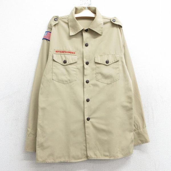 【商品番号】　lba25010229【商品名】　古着 長袖 ボーイスカウト シャツ キッズ ボーイズ 子供服 90年代 90s ワッペン USA製 ベージュ【表記サイズ】　YOUTH L 14-16【実寸サイズ】　着丈（肩から裾）68cm　...