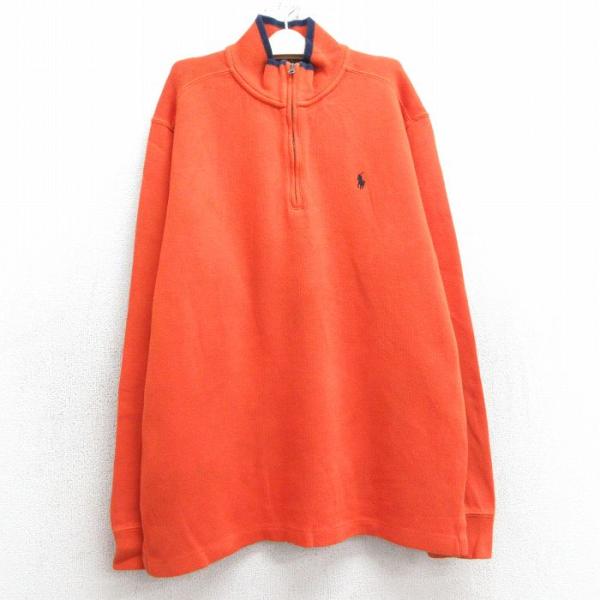 【商品番号】　lba25011406【商品名】　古着 ラルフローレン 長袖 ブランド ハーフジップ トップス キッズ ボーイズ 子供服 ワンポイントロゴ コットン オレンジ【表記サイズ】　XL 18-20【実寸サイズ】　着丈（肩から裾）65...