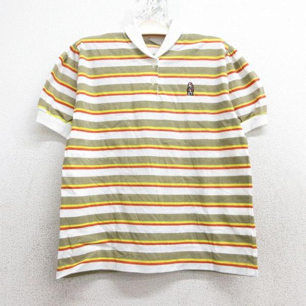 【商品番号】　lba25051181【商品名】　古着 半袖 ポロ シャツ キッズ ボーイズ 子ども服 80年代 80s 犬 白他 ボーダー【表記サイズ】　L【実寸サイズ】　着丈（肩から裾）51cm　着幅（脇から脇）42cm　肩幅35cm【素...
