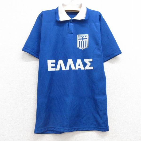 【商品番号】　lba25064459【商品名】　古着 半袖 サッカー シャツ キッズ ボーイズ 子供服 ギリシャ 青【表記サイズ】　なし【実寸サイズ】　着丈（肩から裾）64cm　着幅（脇から脇）40cm　肩幅36cm【素材】　ナイロン【程度...
