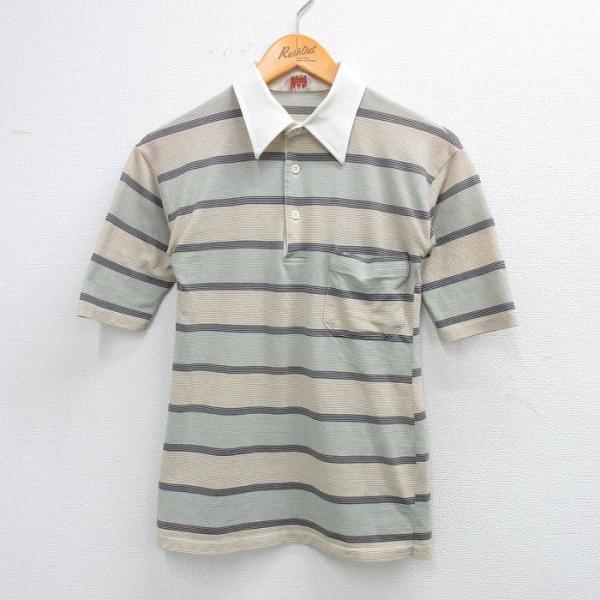 【商品番号】　lba25081111【商品名】　古着 半袖 ポロ シャツ キッズ ボーイズ 子供服 80年代 80s ベージュ他 ボーダー【表記サイズ】　M【実寸サイズ】　着丈（肩から裾）62cm　着幅（脇から脇）40cm　裄丈（襟中央から...
