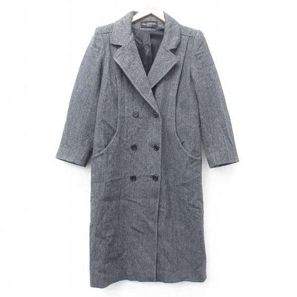 M/古着 長袖 ウール コート メンズ 90s ヘリンボーン ロング丈 グレー