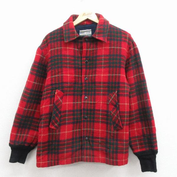 XL/古着 長袖 ウール ジャケット メンズ 80年代 80s 赤 チェック 内側