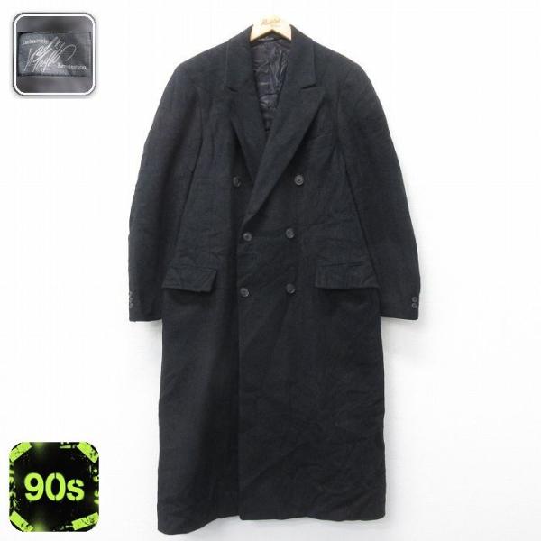90s 日本製 スタンドカラー ロングコート マキシ丈 ウール メンズ古着 黒L furugiyarushout_ouwl25120657