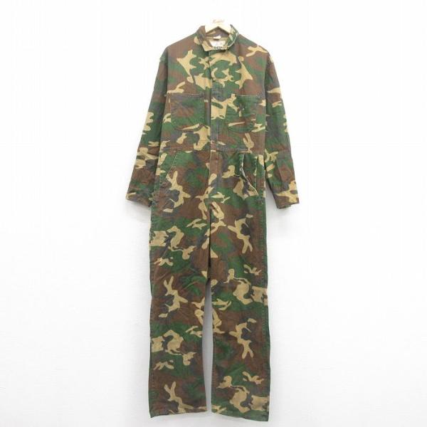 【商品番号】　ova25090011【商品名】　W39★古着 長袖 ハンティング ツナギ メンズ 80年代 80s ウッドランドカモ コットン USA製 緑他 迷彩【表記サイズ】　なし【実寸サイズ】　総丈（肩から裾）152cm　着幅（脇から...
