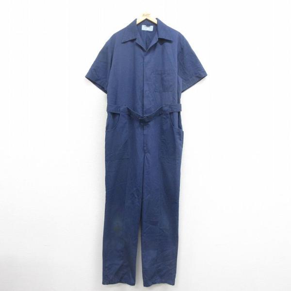 【商品番号】　ova25100586【商品名】　W45★古着 半袖　ワーク ベイカー ツナギ メンズ 80年代 80s 大きいサイズ 開襟 オープンカラー USA製 タロン 青【表記サイズ】　L【実寸サイズ】　総丈（肩から裾）160cm　着...