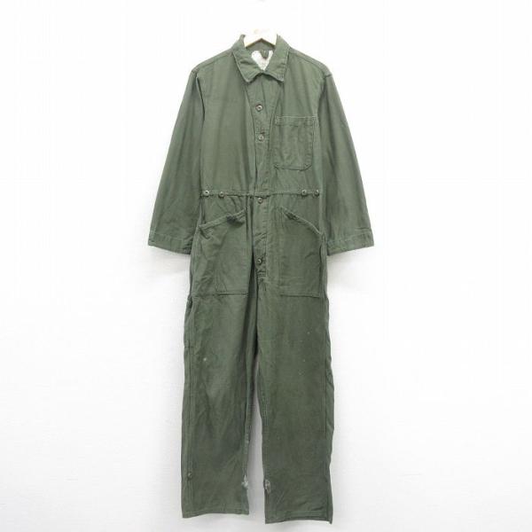 【商品番号】　ova25101700【商品名】　W35★古着 長袖 ミリタリー ベイカー ツナギ メンズ 80年代 80s コットン USA製 緑【表記サイズ】　M【実寸サイズ】　総丈（肩から裾）146cm　着幅（脇から脇）54cm　ウエス...