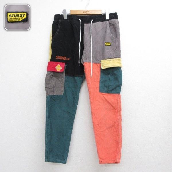 W32/古着 stussy ステューシー コーデュロイ パンツ メンズ マルチカラー クレイジーパターン パッチワーク カーゴ コットン ブラック 26au