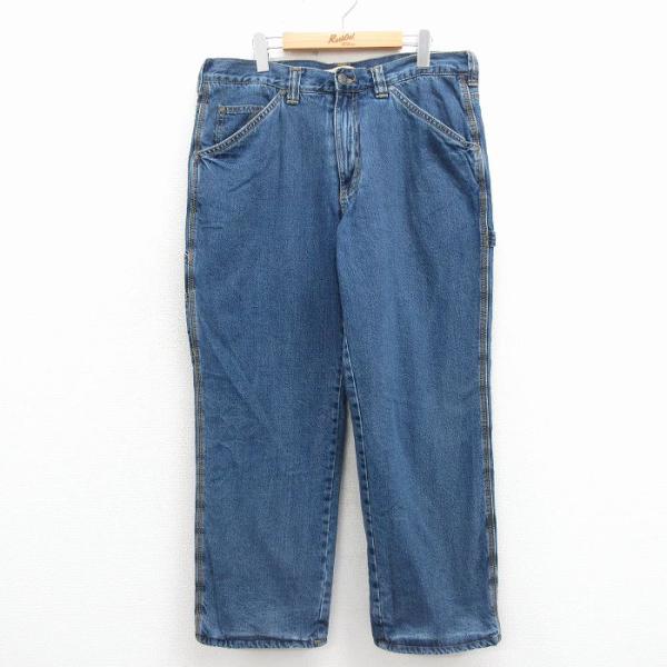 W37/古着 ペインター パンツ メンズ コットン 紺 デニム 内側フリース