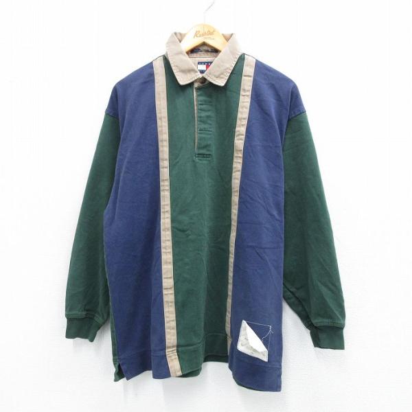 トミーヒルフィガー 90s ラガーシャツ 極厚コットン L 紺 刺繍 輸入 古着 90年代 TOMMY HILFIGER トミーヒルフィガー チェック柄 ライト