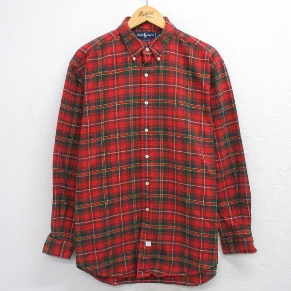 XL/古着 ラルフローレン 長袖 ブランド シャツ メンズ 90年代 90s ワンポイントロゴ BIG SHIRT 大きいサイズ ロング丈 コットン ボタンダウン 赤他 チェック 25nov18 POLO RALPH LAUREN（ポロ・ラルフローレン） XL/古着 ラルフローレン