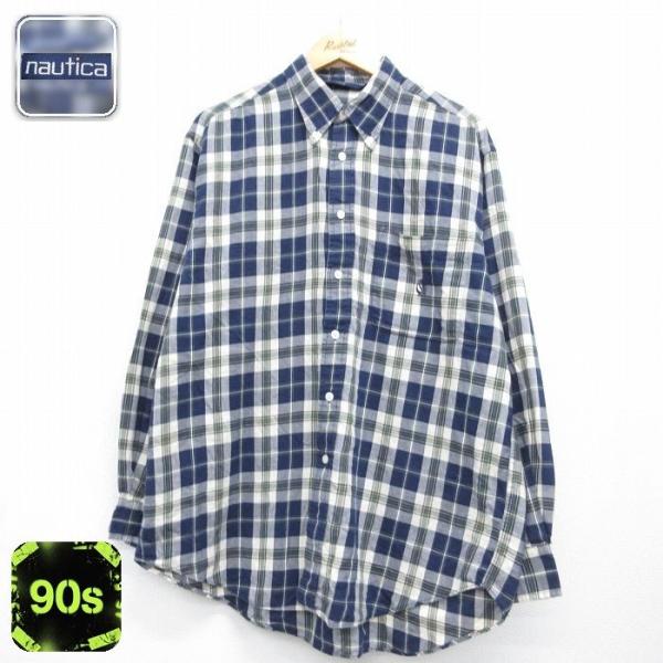 XL/古着 ノーティカ 長袖 ブランド シャツ メンズ 90年代 90s ワンポイントロゴ ロング丈 コットン ボタンダウン ネイビー チェック 26aug1
