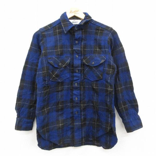 70s-80s　USA製 ウールリッチ ウールシャツ L チェック柄 紺×白 WOOLRICH（ウールリッチ） S/古着 長袖 ウール シャツ メンズ 80年代