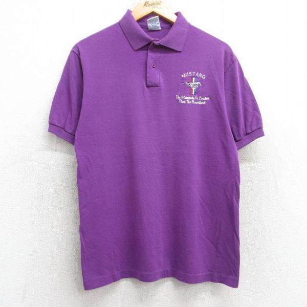 M/古着 半袖 ポロ シャツ メンズ 90s ムスタング 馬 紫 パープル