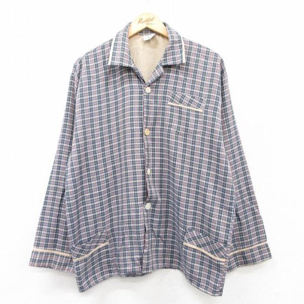 L/古着 長袖 パジャマ シャツ メンズ 90s 開襟 オープンカラー 緑他