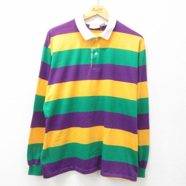 XL/古着 長袖 ラガー シャツ メンズ 90s 緑他 グリーン ボーダー spe 