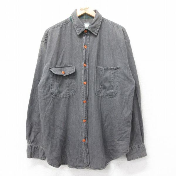 L/古着 長袖 シャツ メンズ ロング丈 黒 ブラック デニム 25oct21 中古