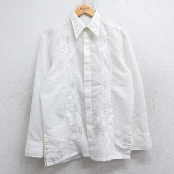 L/古着 長袖 キューバ シャツ メンズ 90年代 90s 刺繍 白 25nov13