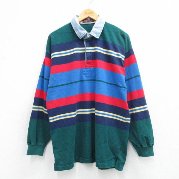 L/古着 長袖 ラガー シャツ メンズ 90年代 90s 襟デニム 緑他 ボーダー spe 26mar12