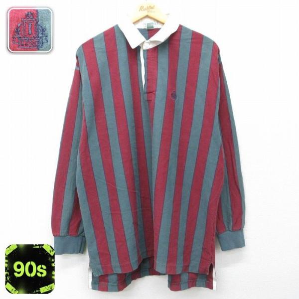 XL/古着 IZOD 長袖 ラガー シャツ メンズ 90年代 90s ワンポイントロゴ コットン エンジ他 ストライプ 26mar31 2OF