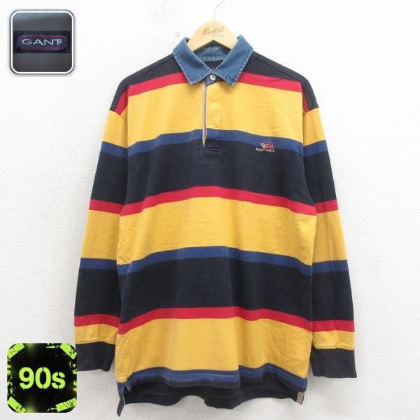 L/古着 GANT 長袖 ラガー シャツ メンズ 90年代 90s コットン 黄他 ボーダー spe 26apr16 2OF