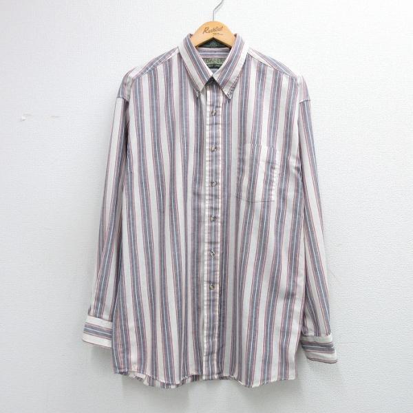 日本製 90s〜00s 古着 ストライプ ポリシャツ 長袖 メンズL レトロ L/古着 長袖 シャツ メンズ 90年代 90s ロング丈 ボタンダウン エンジ