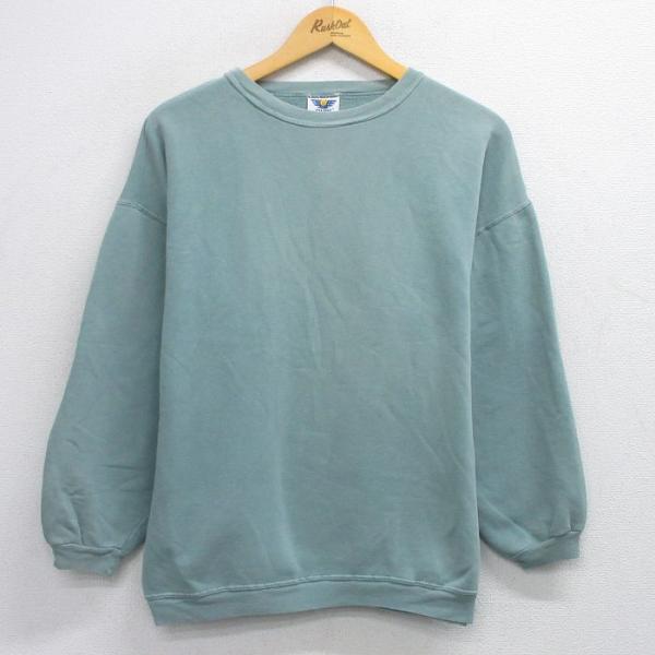 L/古着 長袖 スウェット メンズ 90s 無地 コットン クルーネック 薄緑
