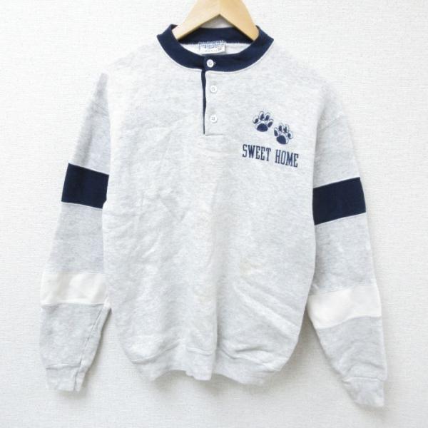 M/古着 長袖 スウェット メンズ 90s 足あと ヘンリーネック 薄グレー  