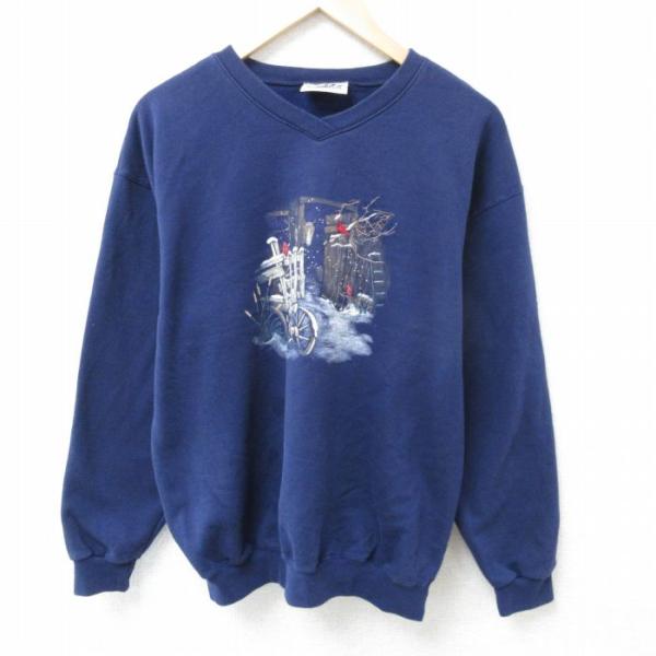 L/古着 長袖 スウェット メンズ 00s 鳥 Vネック 紺 ネイビー 25feb19