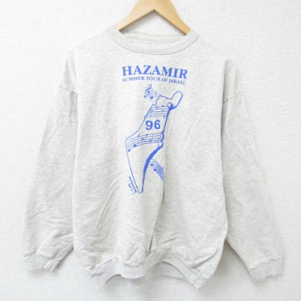 XL/古着 長袖 スウェット メンズ 90s 音符 クルーネック グレー 霜降り