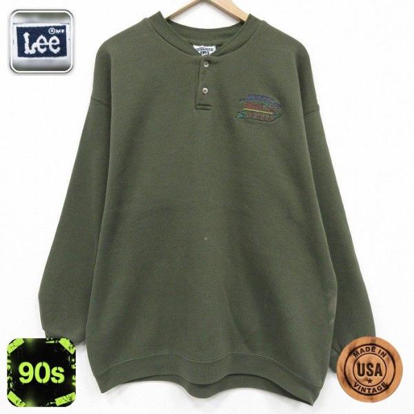 XL/古着 リー Lee 長袖 スウェット メンズ 90年代 90s ケンタッキー ヘンリーネック USA製 緑 26jan07