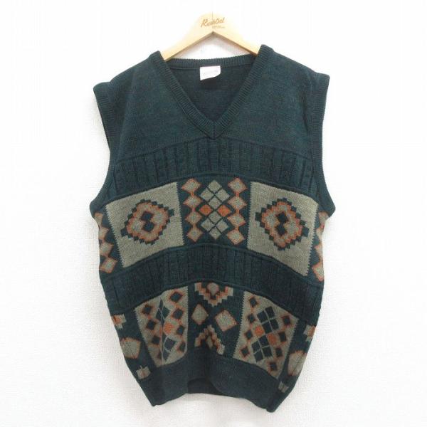 L/古着 ニット ベスト メンズ 80s ネイティブ柄 ラグ柄 Vネック 緑