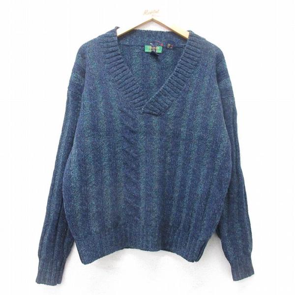 L/古着 長袖 セーター メンズ シェットランドウール Vネック 紺他