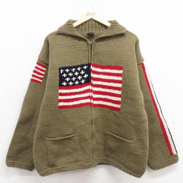 L/古着 長袖 フルジップ ニット カーディガン メンズ 星条旗 ウール