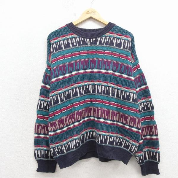 XL/古着 ラルフローレン チャップス 長袖 ブランド 3Dニット セーター メンズ 80年代 80s コットン USA製 青緑他【spe】 26apr11 POLO RALPH LAUREN（ポロ・ラルフローレン） XL/古着 ラルフローレン