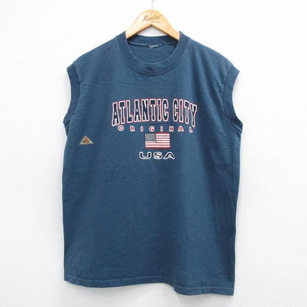 L/古着 ノースリーブ ビンテージ Tシャツ メンズ 00s ATLANTIC CITY 星条旗 クルーネック 紺 ネイビー 25jun09 中古 5OF