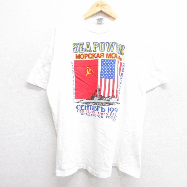 SEA XL/古着 半袖 ビンテージ Tシャツ メンズ 90s SEA POWER 星条旗